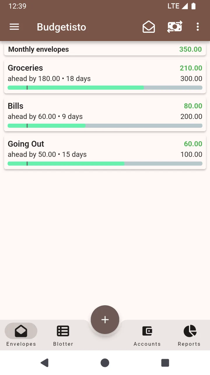 Budgetisto envelopes view showing monthly budget progress for groceries, bills and going out