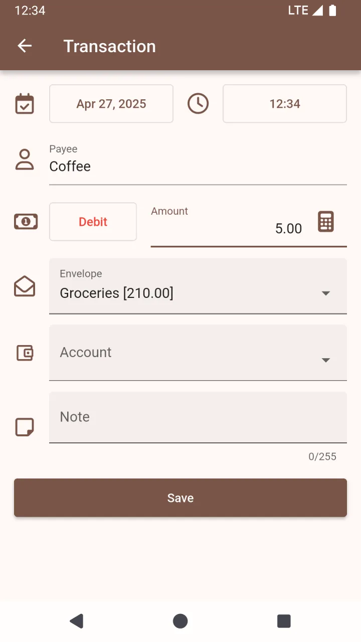 Budgetisto transaction entry form with payee, amount and envelope selection